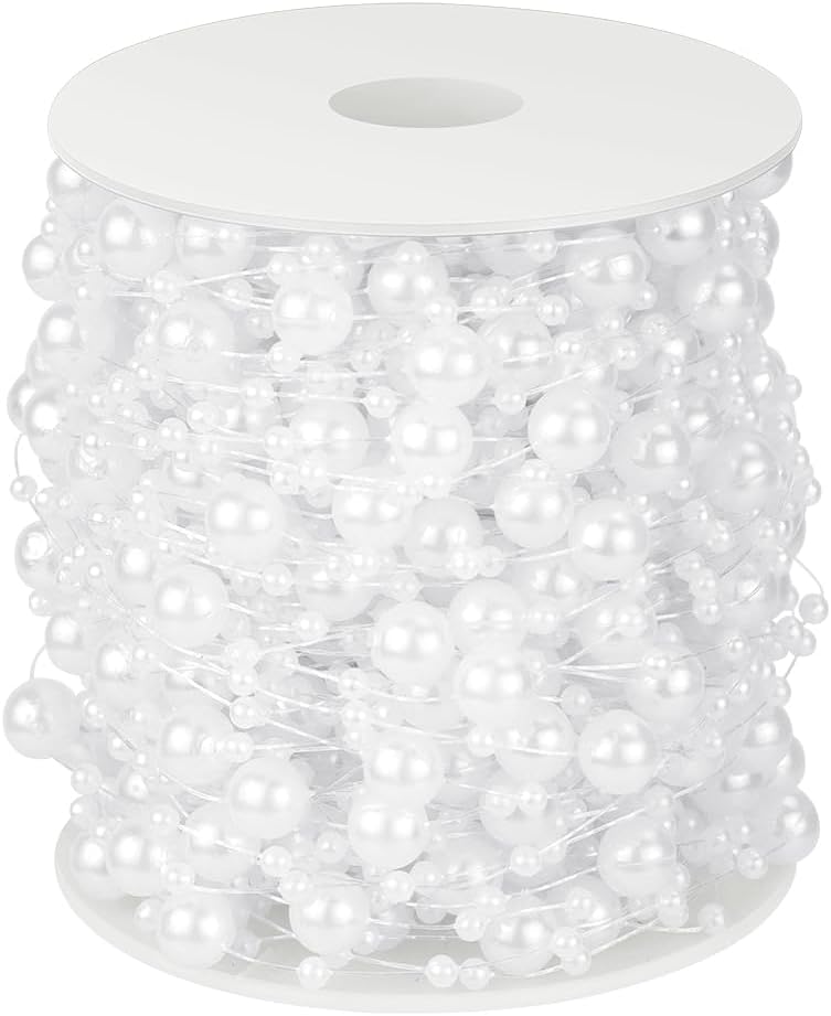 100 Feet Faux Pearls String Beads Fishing Line Artificial Decoration Pearl Strand Roll Beaded for Wedding Valentine Decoration DIY Accessories Party Supplies (White)