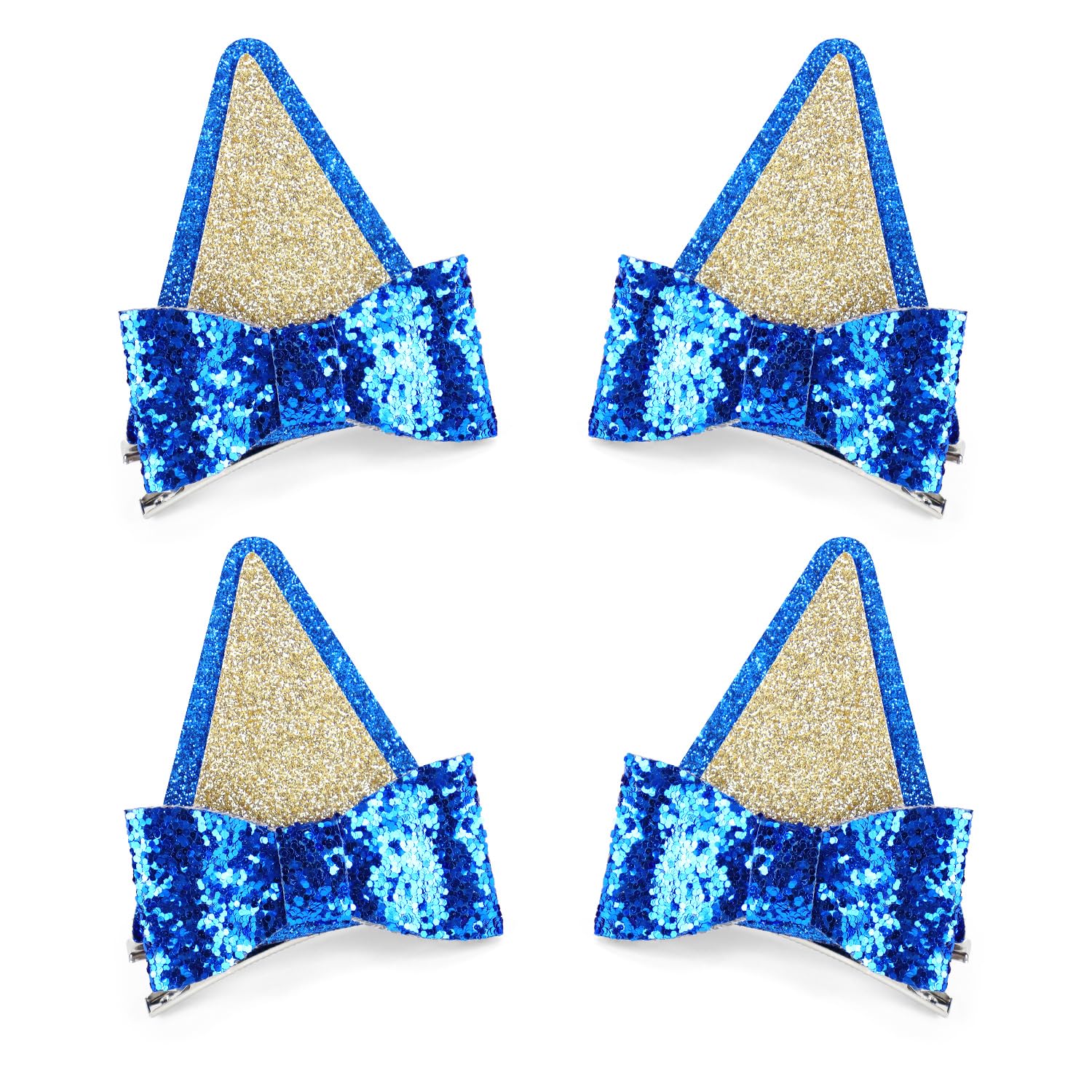 2 Pairs Blue Ears Hair Clips with Bows Glitter Hair Barrettes for Theme Party Supplies Cosplay Halloween Costume Birthday Decorations