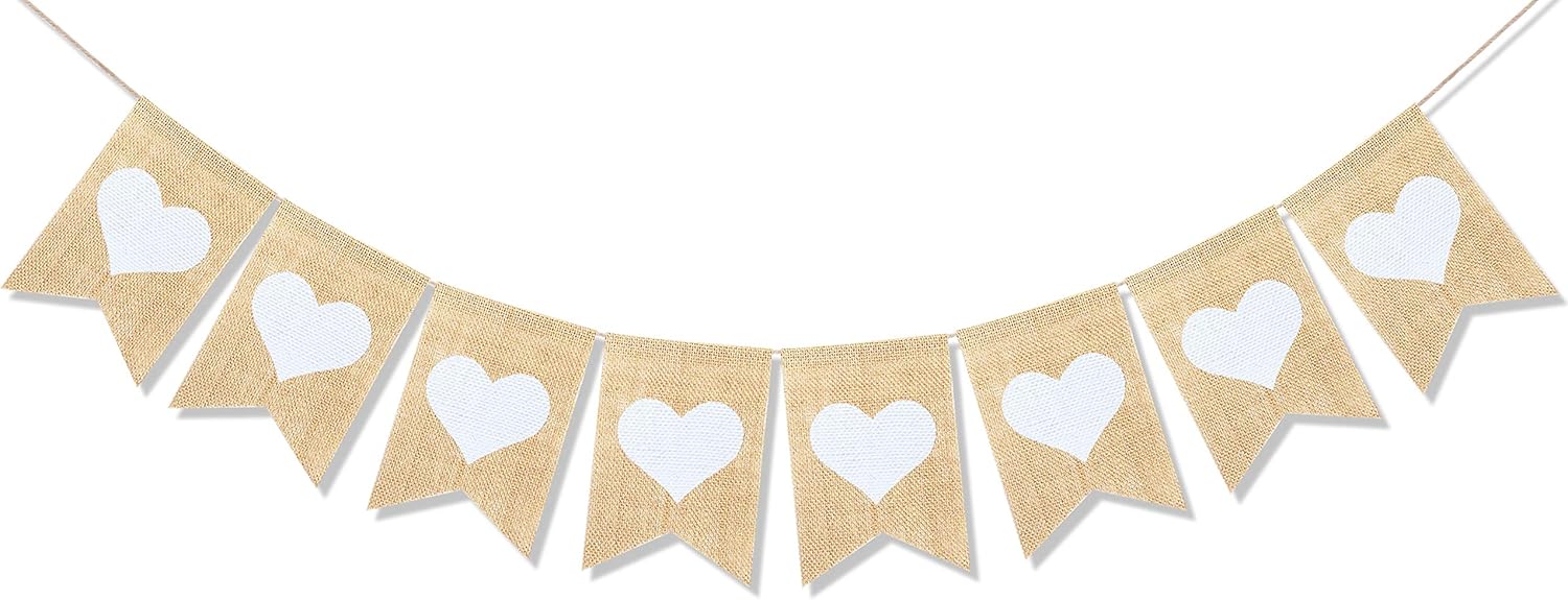 Heart Banner Garland Wedding Engagement Party Decorations Valentines Day Anniversary Photo Props Vintage Rustic Burlap Love Hanging Bunting Sign