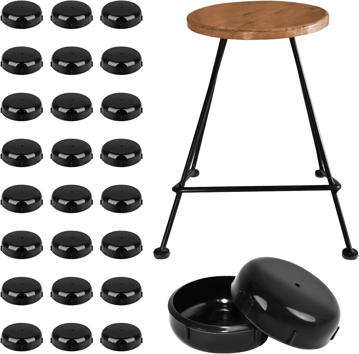 24-Pack Wrought Iron Patio Chair Leg Caps for Metal Chairs, 1-1/2 Inch Round Black Plastic Outdoor Furniture Leg Caps for Chairs & Tables