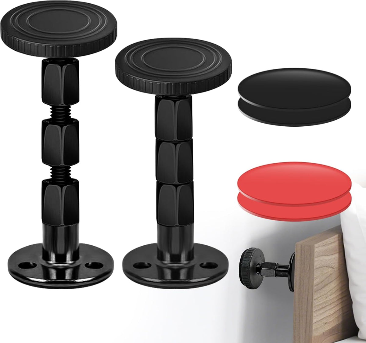 2pcs Adjustable Headboard Stopper- Bed Stoppers for Headboard with Free Furniture Pads, Anti-Shake Tool for Cabinets and Sofas, 1.18-4.13in (Black)