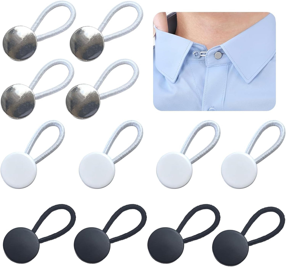 12PCS Collar Extenders for Mens Shirts Neck Button Extender for Mens Dress Shirt Soft Elastic Neck Extender Relief Tight(3 Colors White, Black And Bright Silver)
