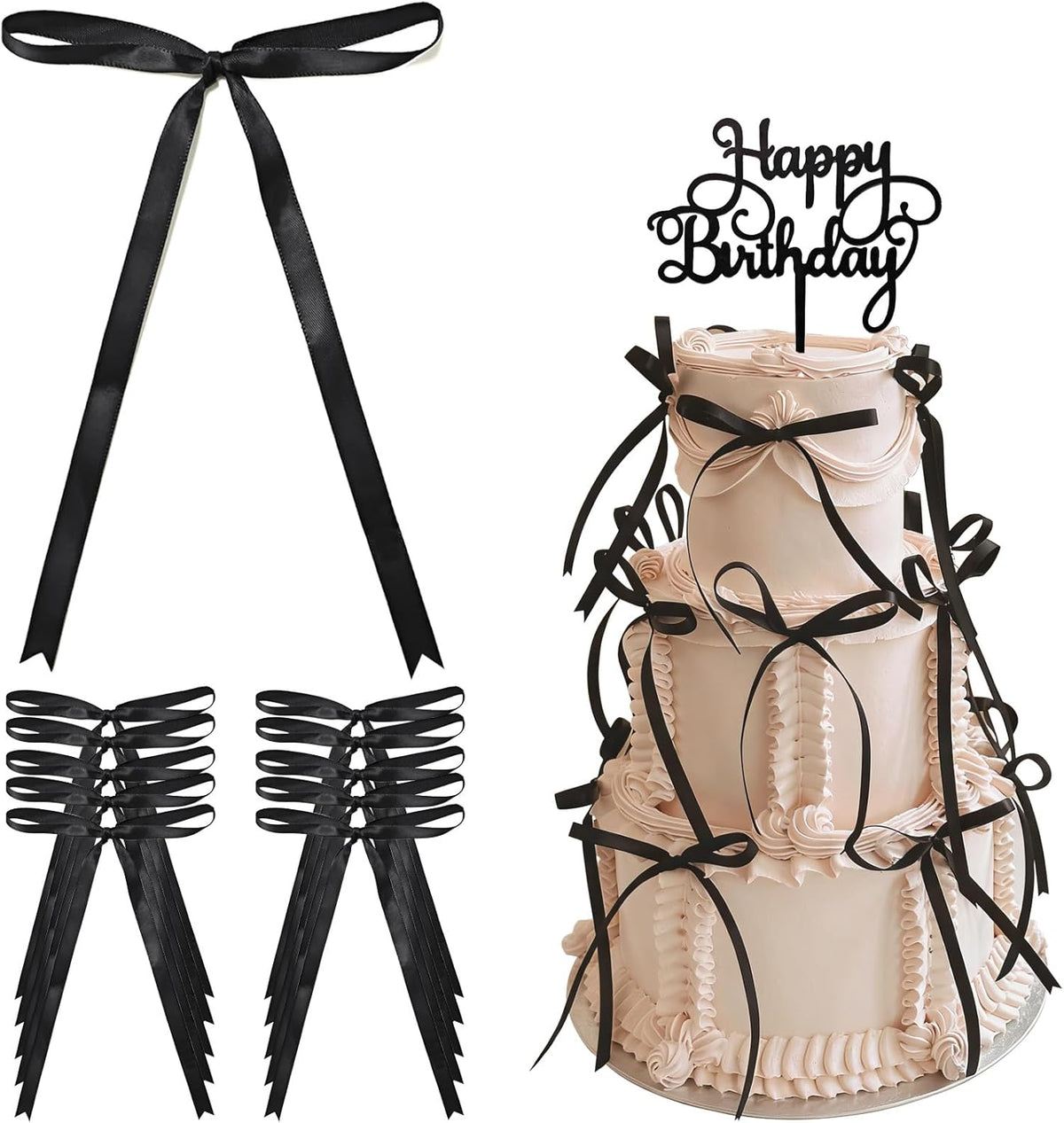 40 PCS Black Bows for Cake, with 1 Happy Birthday sign Cake Topper, Twist Tie Satin Ribbon Bow, Party Supplies and Decorations for Women, Decor for Balloons, Gift Wrapping, Cake Treat Bags