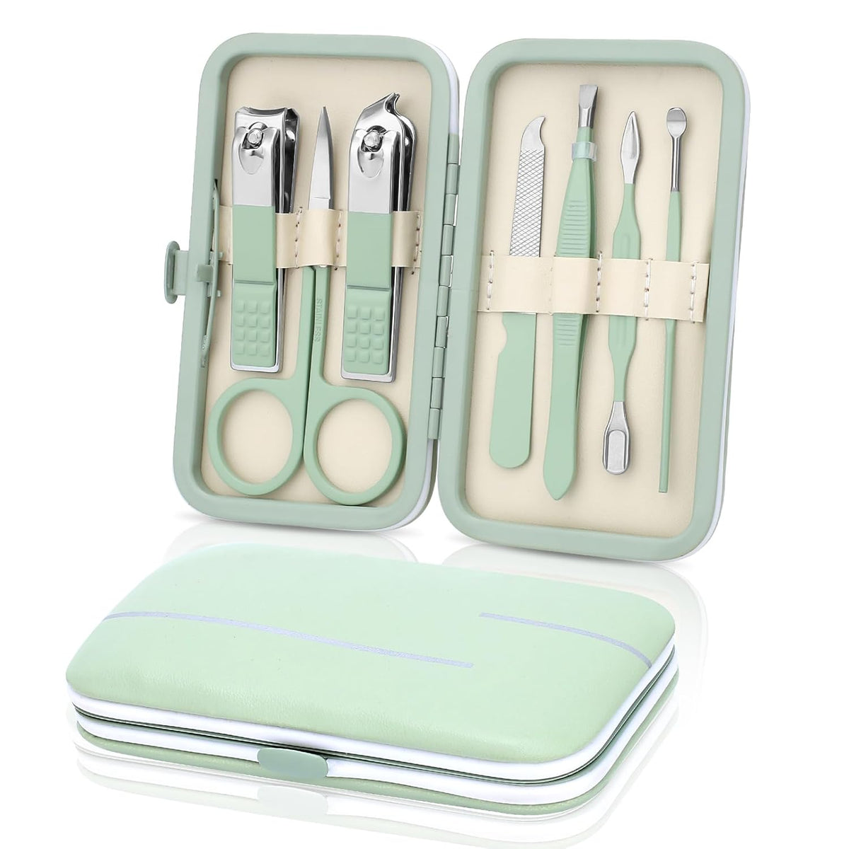 Manicure Set-Stainless Steel Nail Care Set-Professional 7 in 1 Ingrown Toenail Clipper Grooming Tool-Pedicure Kit & Toe Nail Cutter-Thick Nail Scissors Toiletries with Cuticle Trimmer (Green)