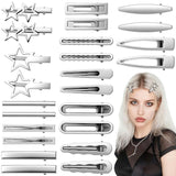 24pcs Silver Y2K Hair Clips, 12 Style Metal Alligator Clips Barrettes for Women, Non-Slip 2000s Star Hairclips Cool Hair Accessories for Thin Thick Straight Curle Hairstyles