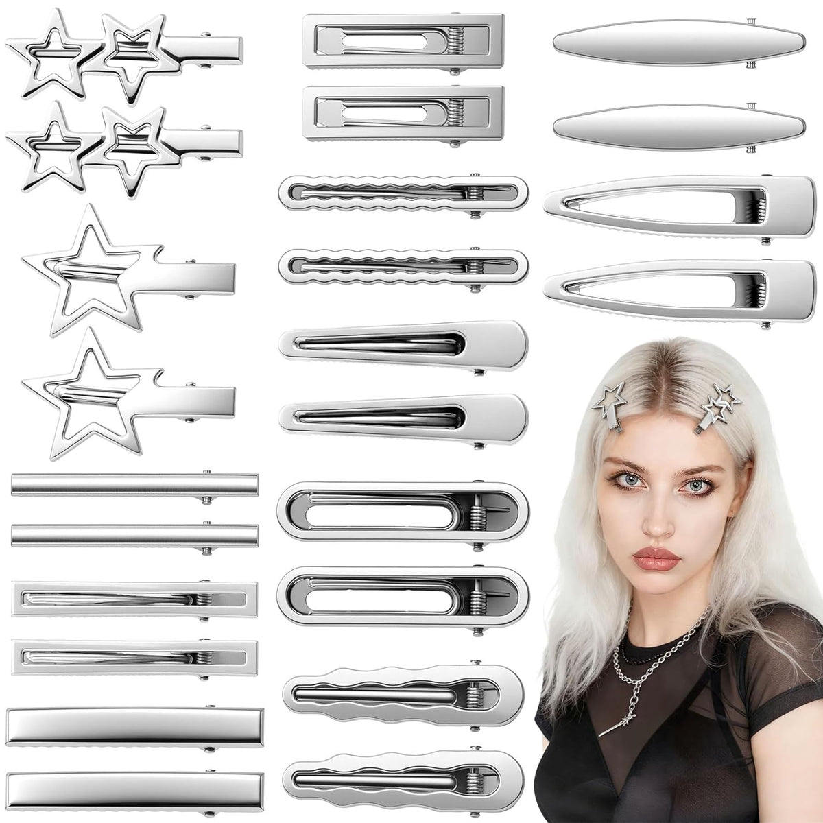 24pcs Silver Y2K Hair Clips, 12 Style Metal Alligator Clips Barrettes for Women, Non-Slip 2000s Star Hairclips Cool Hair Accessories for Thin Thick Straight Curle Hairstyles