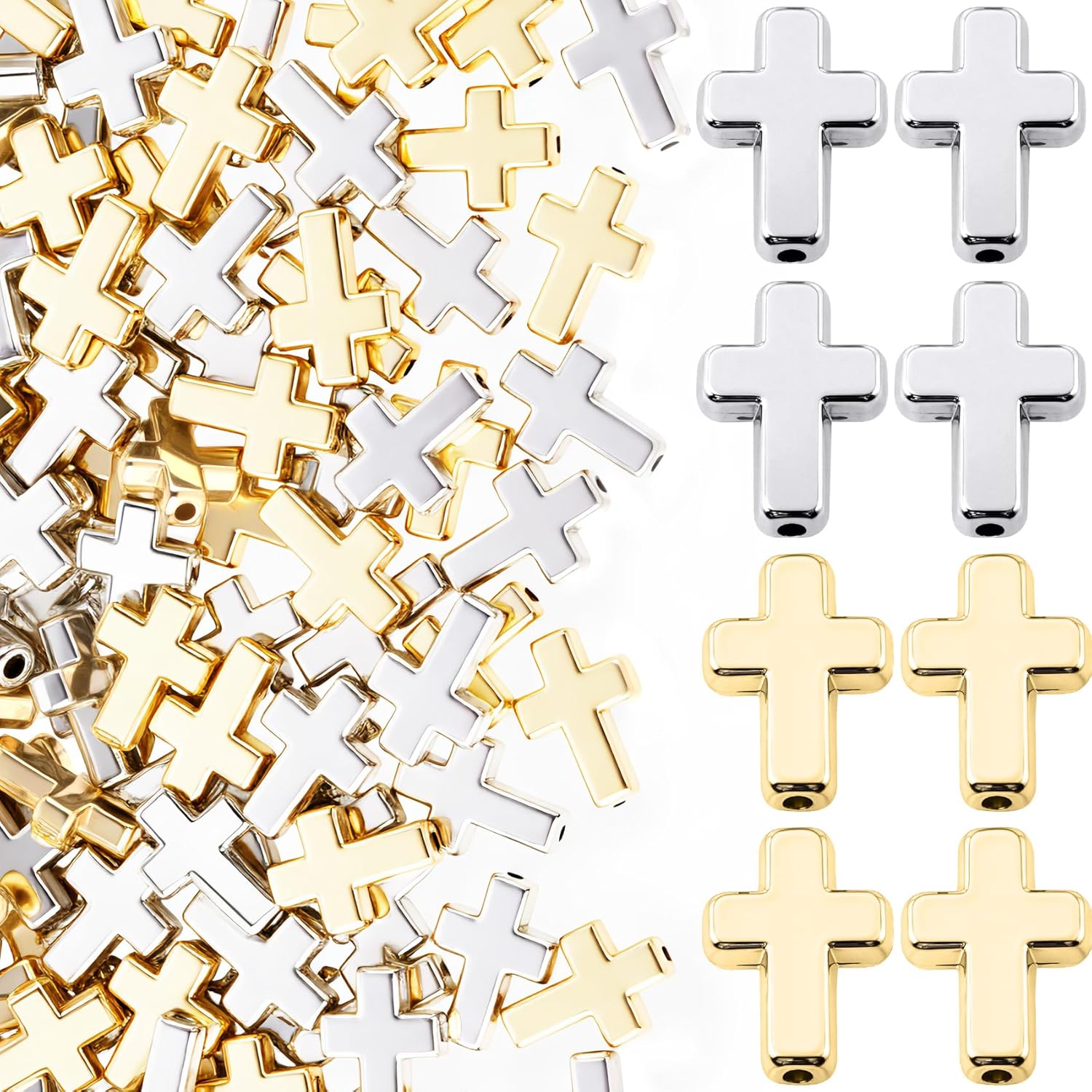 60pcs Cross Beads for Bracelets, Plastic Cross Charms Religious Beads, Mini Crucifix Loose Spacer Charm DIY Supplies for Necklaces Earrings Pendant Jewelry Making- Gold & Silver
