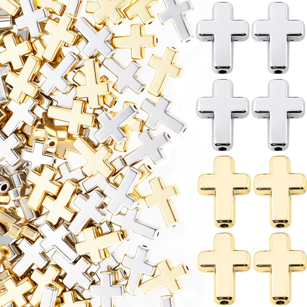 60pcs Cross Beads for Bracelets, Plastic Cross Charms Religious Beads, Mini Crucifix Loose Spacer Charm DIY Supplies for Necklaces Earrings Pendant Jewelry Making- Gold & Silver