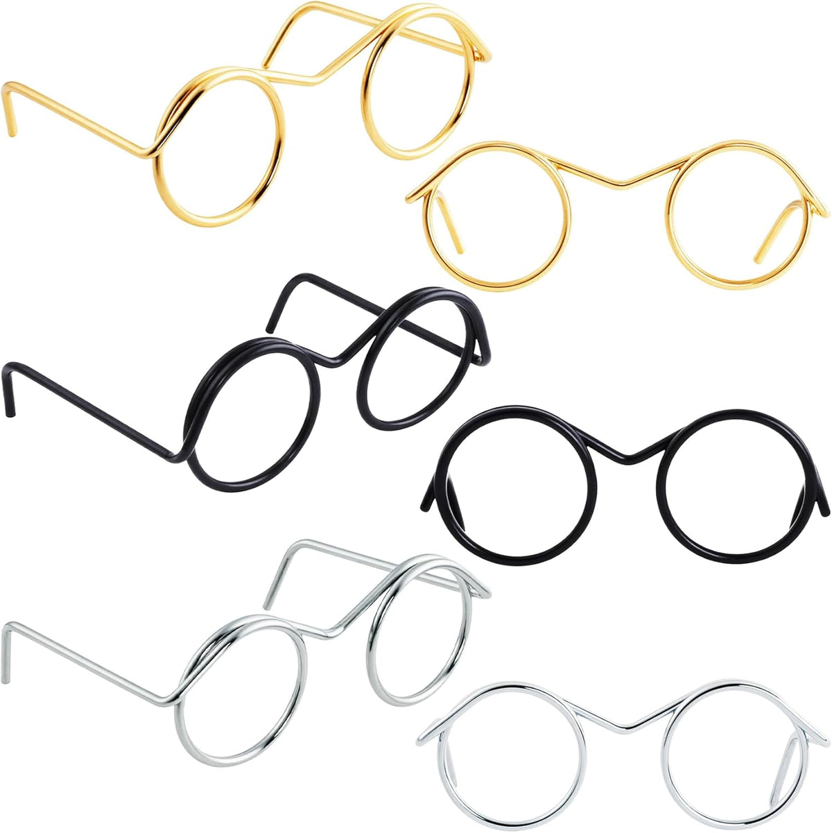 6pcs Mini Metal Doll Glasses, Small Round Glasses for Dolls Making, Tiny Dog Cat Eyeglasses Decorative Supplies Accessories for DIY Projects Costume Cosplay- Gold & Silver & Black