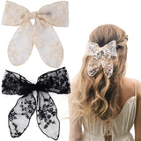 2pcs Lace Hair Bow Clips, Large Drape Bow Lace Hair Clips, Tulle Bowknot Barrettes Accessories for Women Bridal Weddings- Black & Beige
