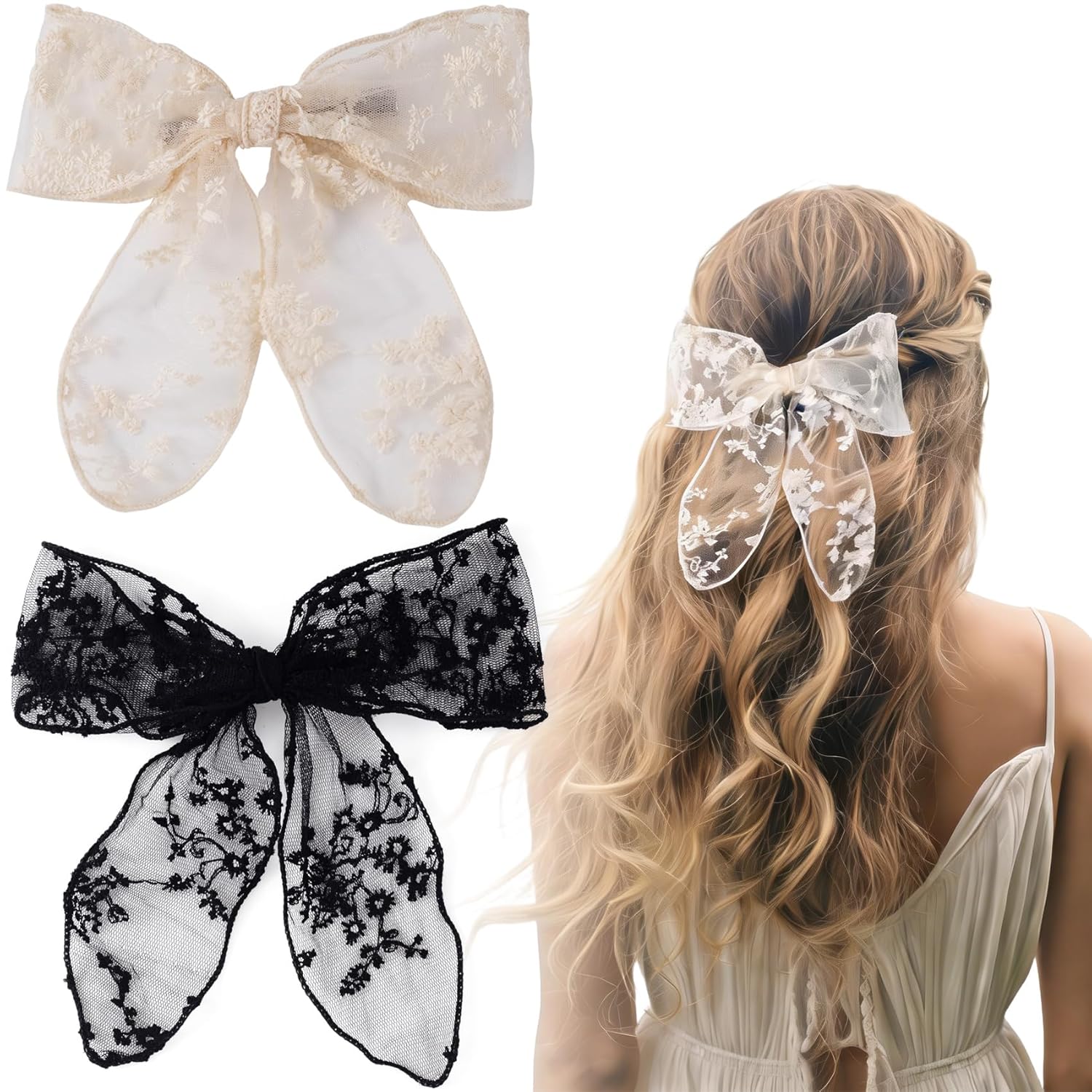 2pcs Lace Hair Bow Clips, Large Drape Bow Lace Hair Clips, Tulle Bowknot Barrettes Accessories for Women Bridal Weddings- Black & Beige