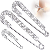 3pcs Large Rhinestone Safety Pins, Sparkly Decorative Brooch Pins for Clothes, Shiny Crystal Brooch Clips for Sweaters Shawl Scarf Jeans Skirts Dress Hat Decor- Silver