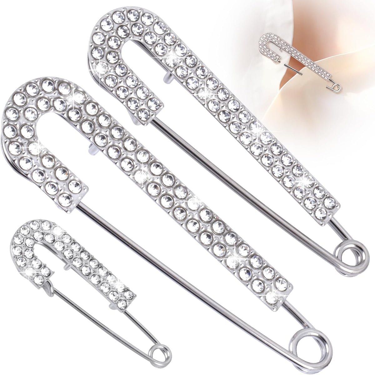 3pcs Large Rhinestone Safety Pins, Sparkly Decorative Brooch Pins for Clothes, Shiny Crystal Brooch Clips for Sweaters Shawl Scarf Jeans Skirts Dress Hat Decor- Silver