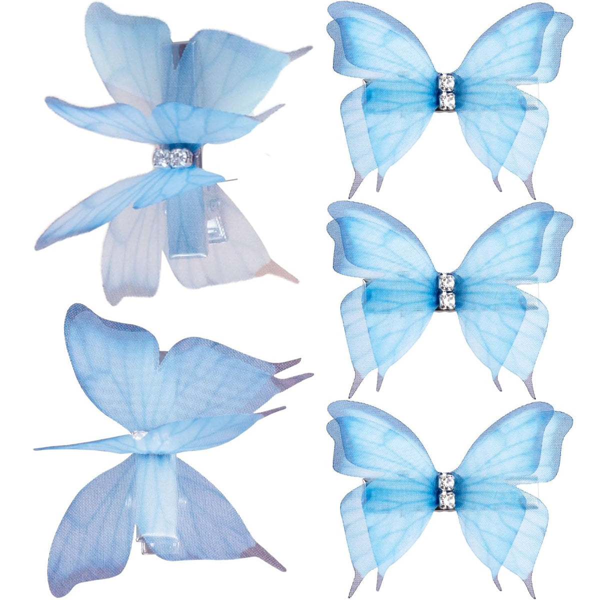 5pcs Blue Organza Butterfly Hair Clips, Non-Slip Rhinestone Gradient Barrettes for Women, Double-Layer Butterfly Hair Accessories for Long Short Thick Thin Fine Hairstyles