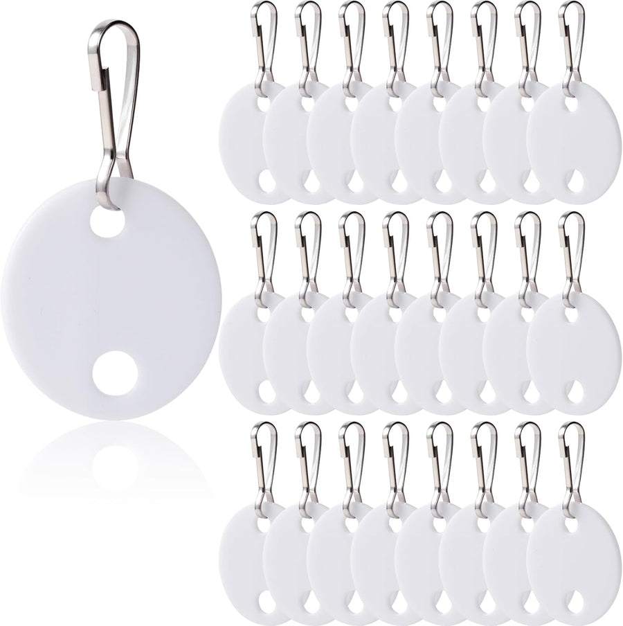 25pcs Key Tags Identifiers with Snap Hook, Double-Sided Writable Plastic Key Tags, Round Identifiers Marker Keychains for Office Home- White
