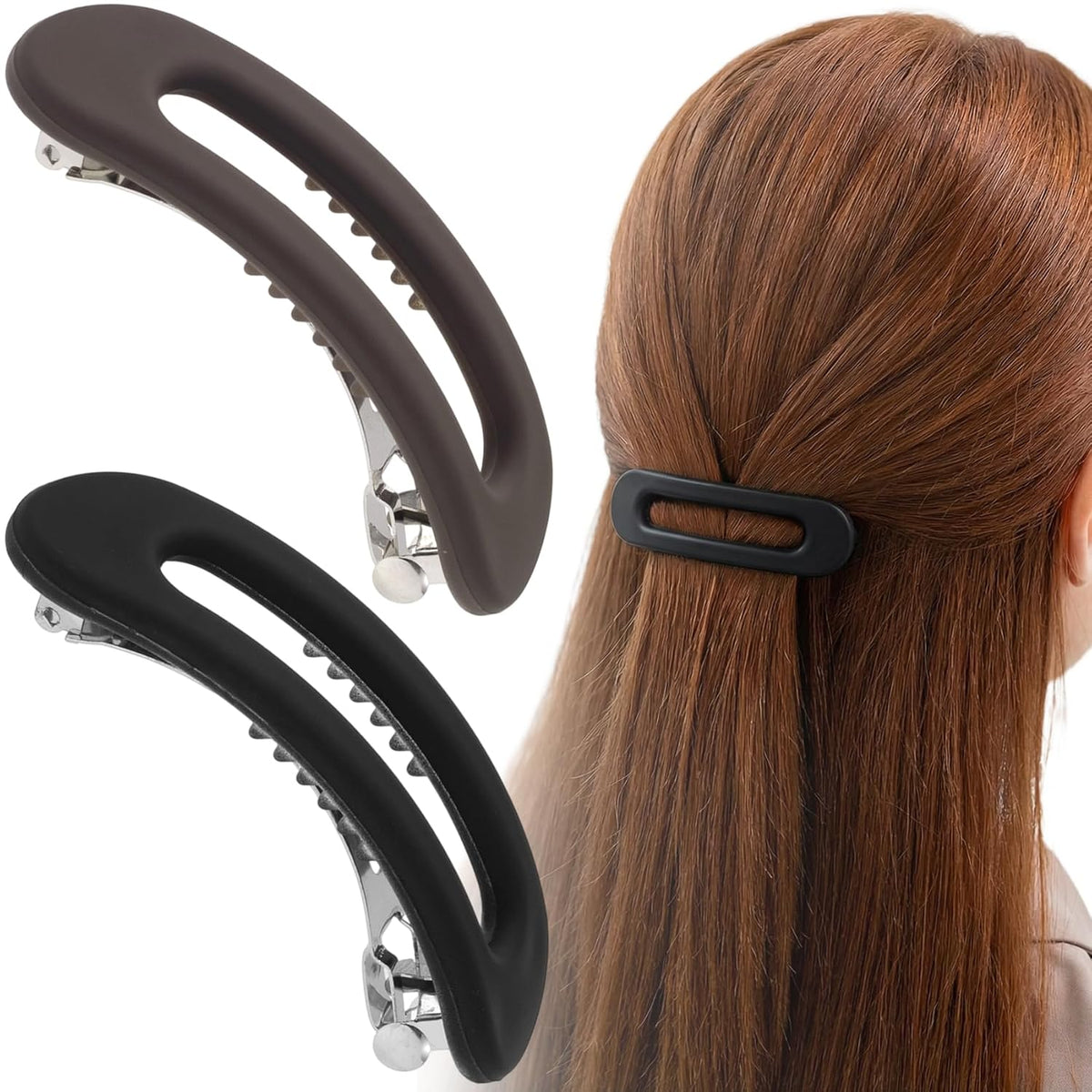 2pcs Frosted Hair Clips for Women, Non-Slip French Snap Clip Barrettes, Oval Frosted Barrettes Hollow Hair Accessories for Thin Thick Long Short Hairstyles- Black & Coffee
