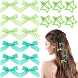 18pcs Mini Bow Star Hair Clips, Satin Ribbon Gingham Bow Snap Star Barrettes, Metal Non-Slip Clips Y2K Hair Accessories for Women Thin Thick Straight Curly Hairstyles- Green