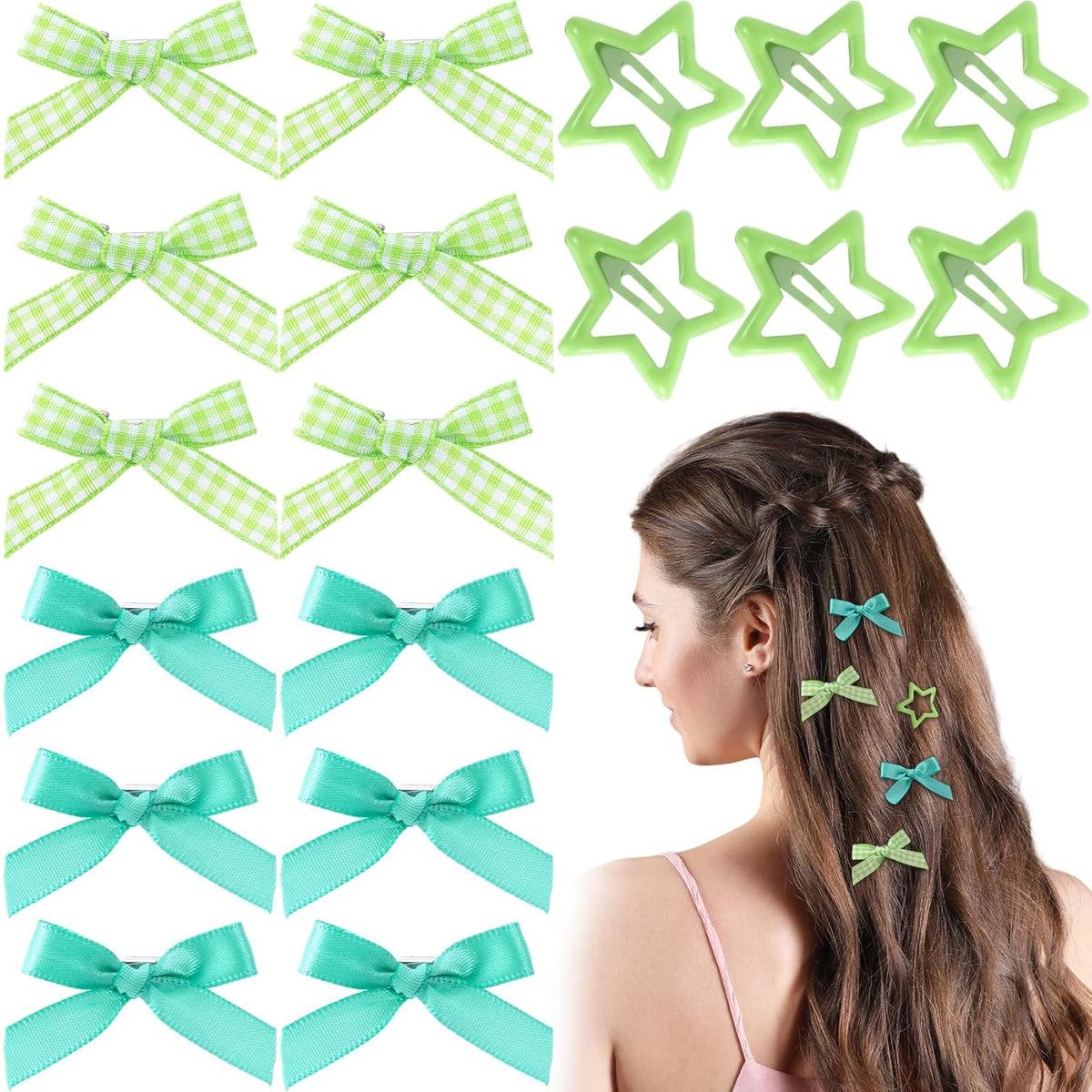 18pcs Mini Bow Star Hair Clips, Satin Ribbon Gingham Bow Snap Star Barrettes, Metal Non-Slip Clips Y2K Hair Accessories for Women Thin Thick Straight Curly Hairstyles- Green