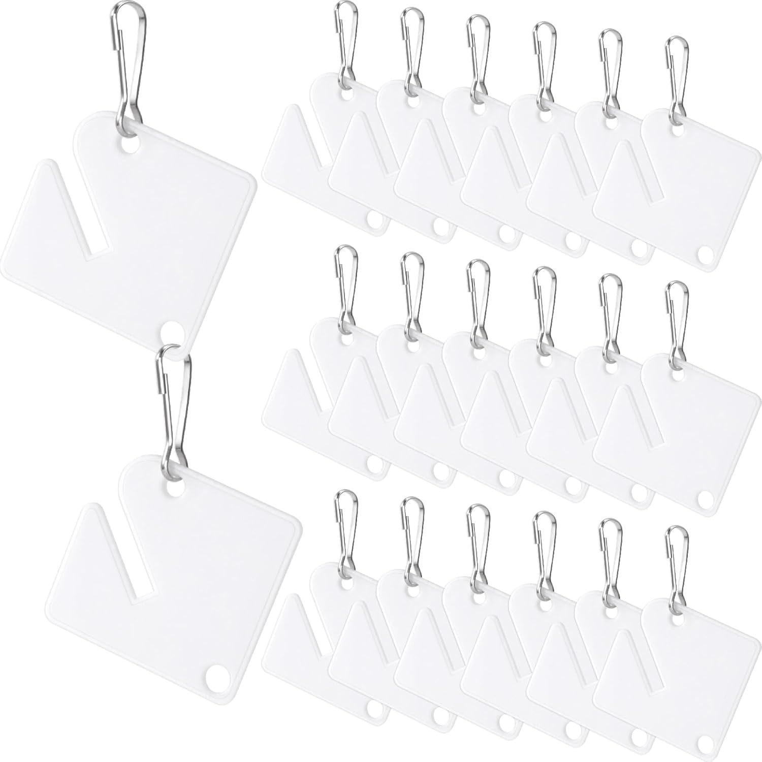 20pcs Slotted Key Plastic Hanging Tags, White Square Key Tags with Metal Snap Hooks, Frosted Hanging Labels Indexes Identifiers for Key Cabinets Boxes Home Office Garage