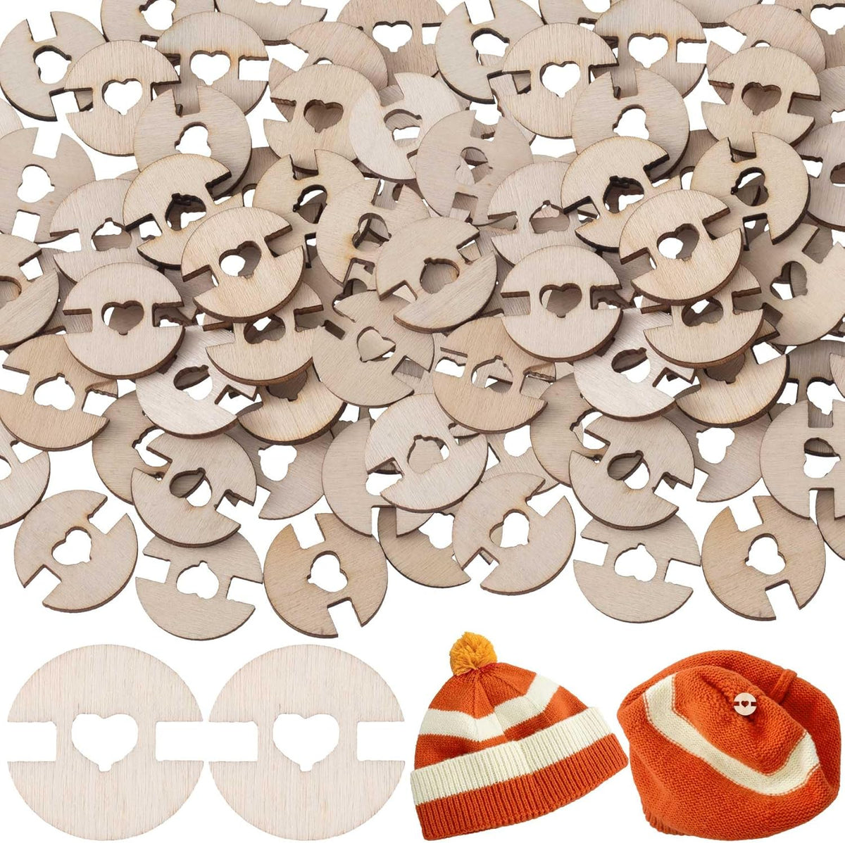 50pcs 20mm Wooden Pom Pom Buttons, Removable Pompom Keepers Holder with Heart Hole, Knitted Hat Faux Fur Love Buttons Fastener Tools for Crochet Toques Beanies Hats- Light Brown