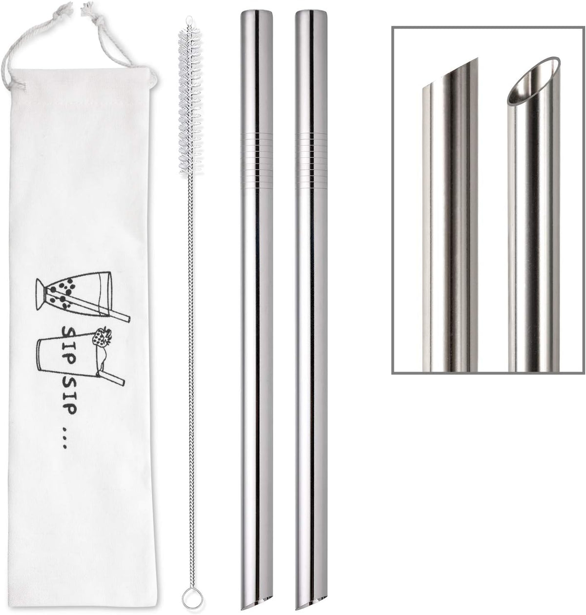 [Angled Tips] 2 Pcs Jumbo Reusable Bubble Tea Straws & Smoothie Straws, 0.5" Wide Stainless Steel Straw, Metal Straw for Boba, Tapioca Pearl, Milkshakes,Smoothies | 1 Cleaning Brush & 1 Case