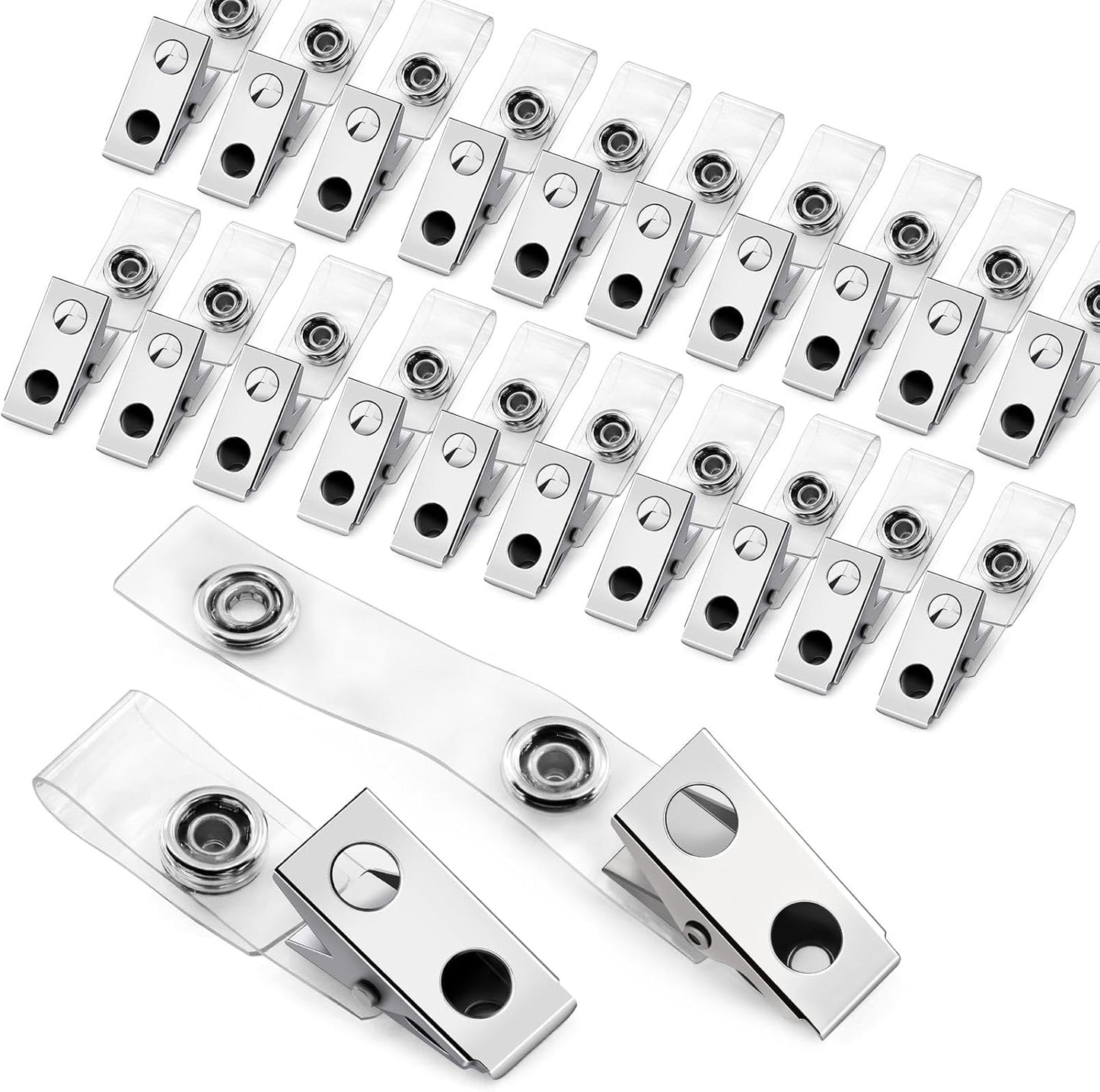 30 Pcs Metal Badge Clips with Clear PVC Straps ID Strap Clip Double Holes Badge Holder Clips ID Clip for Badges, Work Badges