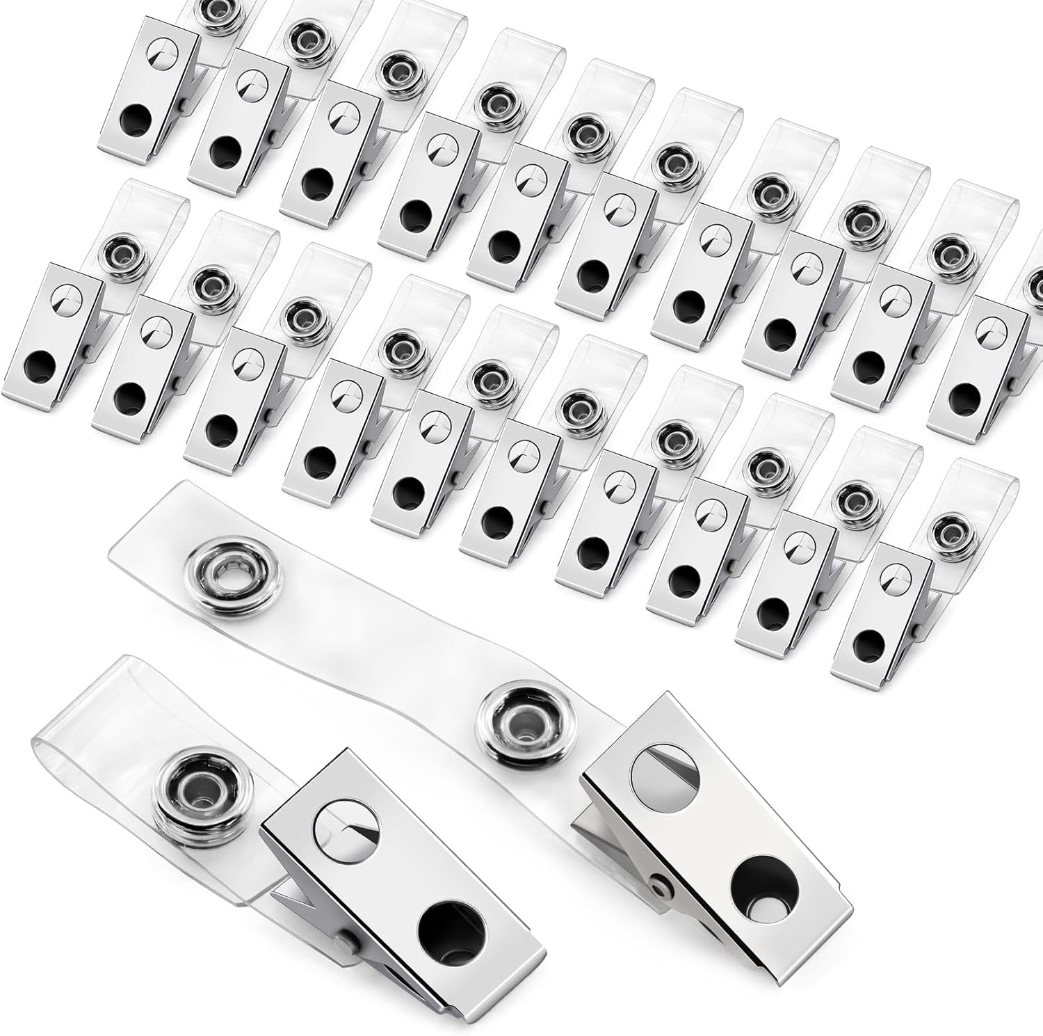 30 Pcs Metal Badge Clips with Clear PVC Straps ID Strap Clip Double Holes Badge Holder Clips ID Clip for Badges, Work Badges