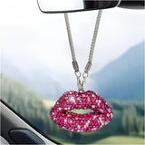 Bling Lip Car Rear View Mirror Charm, Personalized Rhinestone Lip Pendant for Car Rear View Mirror, Lips Vehicle Interior Decor Hanging with Chain for Women (Magenta)