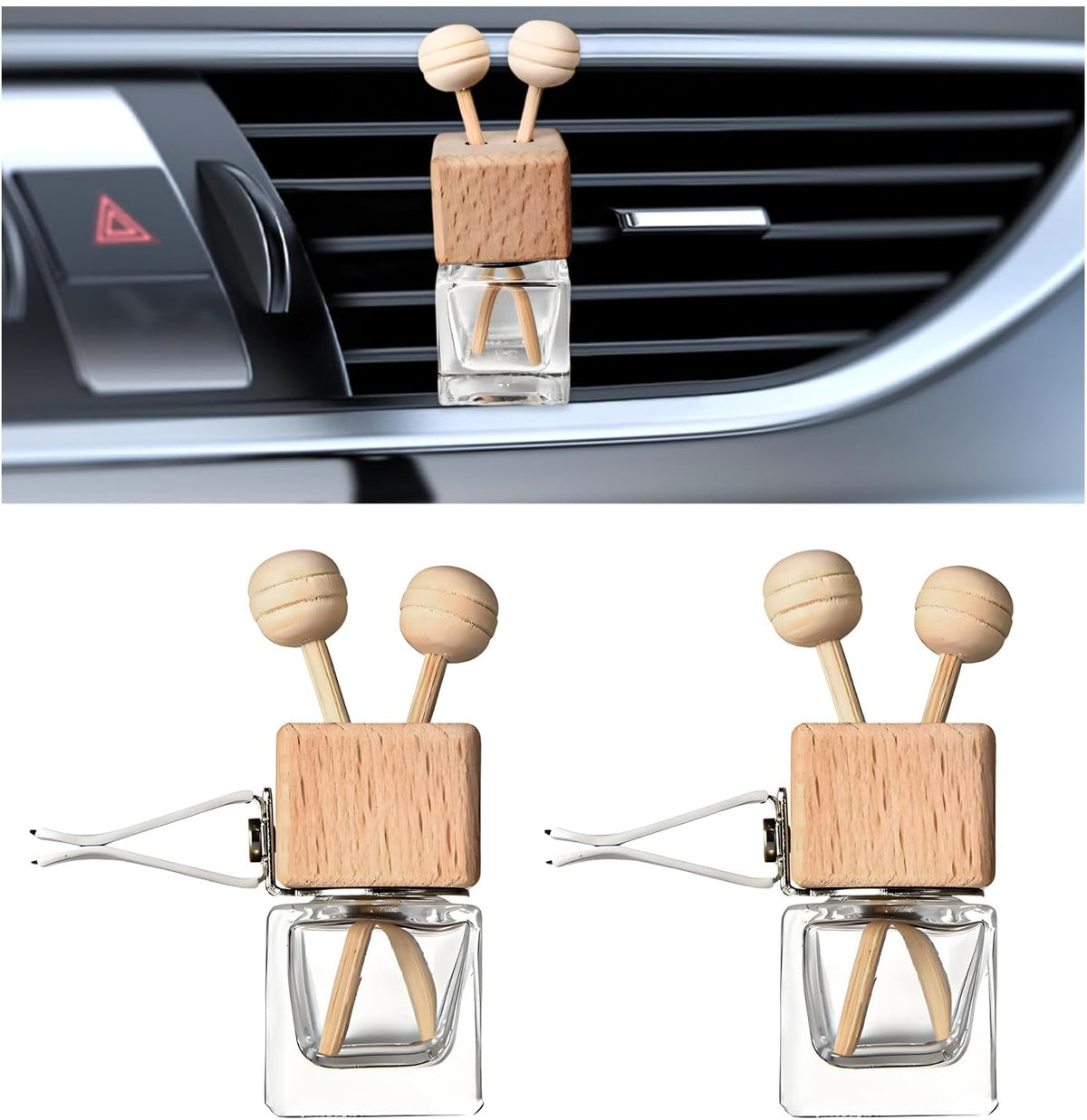 2PCS Car Diffuser Air Freshener Bottle, Refillable Empty Glass Perfume Bottles with Vent Clip, Universal Essential Oil Diffuser for Most Vehicles, Interior Car Accessories (2PCS)