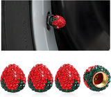 4PCS Strawberry Car Tire Valve Stem Caps, Cute Sparkling Rhinestone Dustproof Wheel Valve Stem Cover, Bling Strawberry Tire Valve Air Cap Cover for Car Truck SUV Motorcycle (Red)