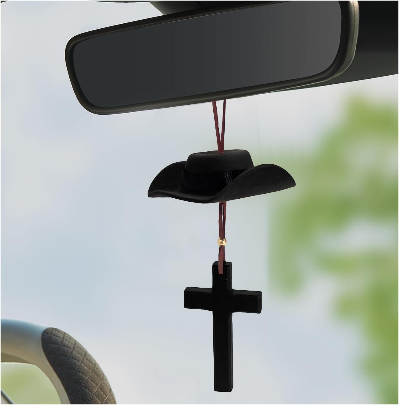 Cowboy Hat Car Charm, Rearview Mirror Felt Western Cowgirl Style Ornament with Cross, Cute Vehicle Interior Mirror Pendant Mini Hanging Decor for Men Women, Car Accessories (Black)