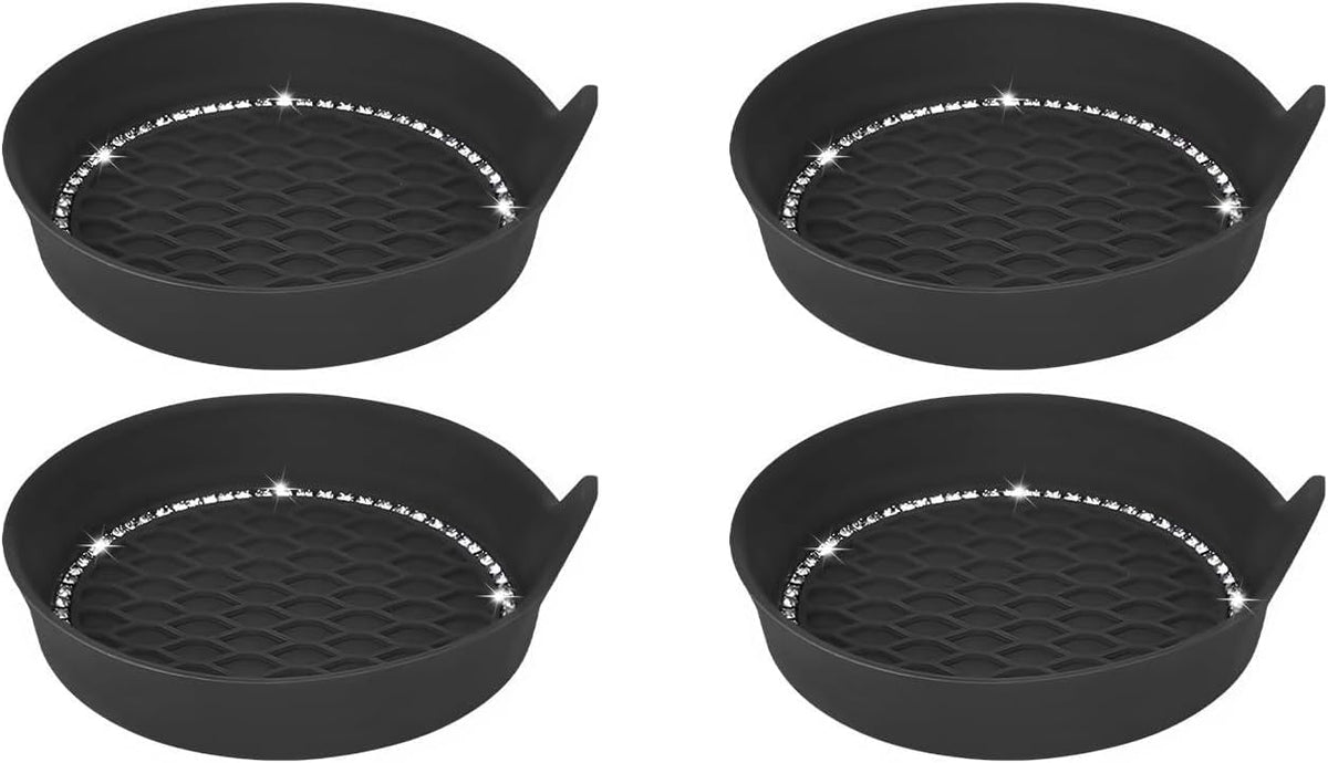 4 PCS Bling Car Cup Holder Coaster, Non-Slip Silicone Auto Drink Mat Crystal Rhinestone Insert Coasters, Shockproof Round Shape Cup Mats Fashion Decor for Most Vehicles (Black)