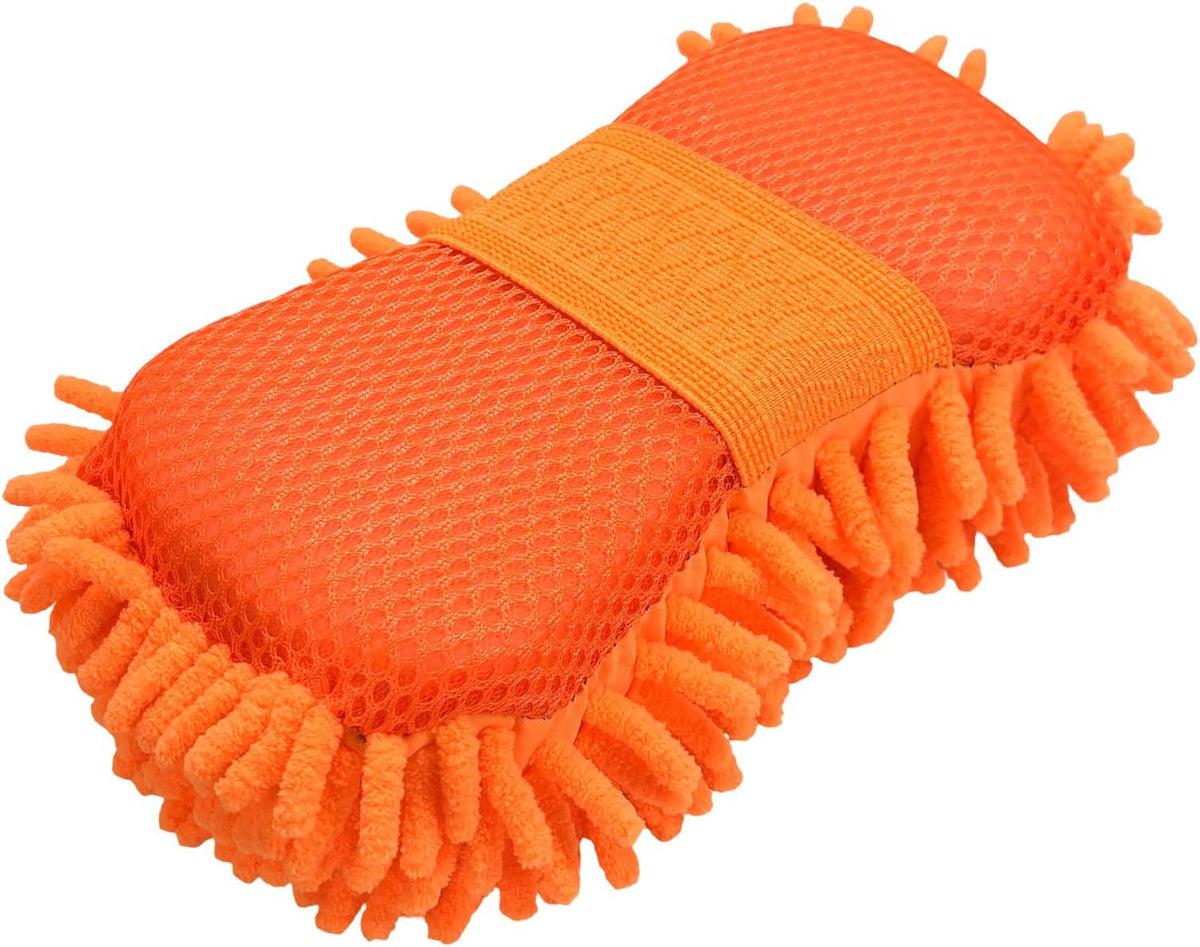 Microfiber Car Wash Sponge, Scratch-Free Vehicle Washing Mitt with Chenille & Mesh Sides, Highly Absorbent Sponge Lint-Free Cleaning Tool for Car Washing & Detailing (Orange)