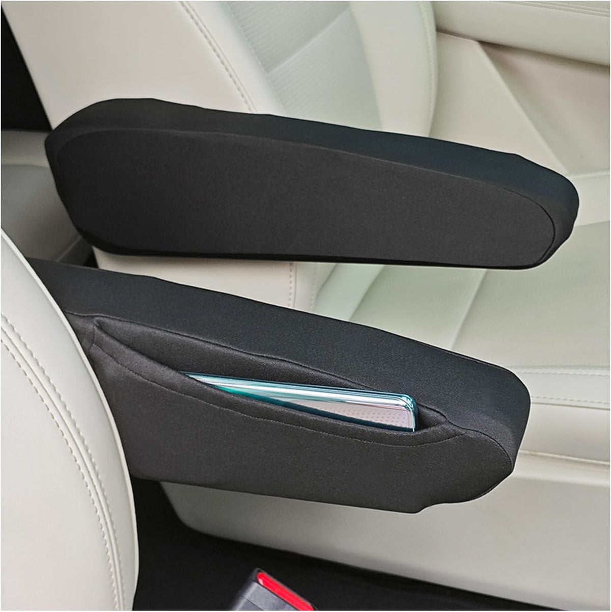 2PCS Arm Rest Cover for Car with Side Pocket,Breathable Cloth Fabric Car Armrest Covers for Armrests Protection,All Seasons Soft Armrest Cover for Cars Universal Cars Interior Accessories (Black)