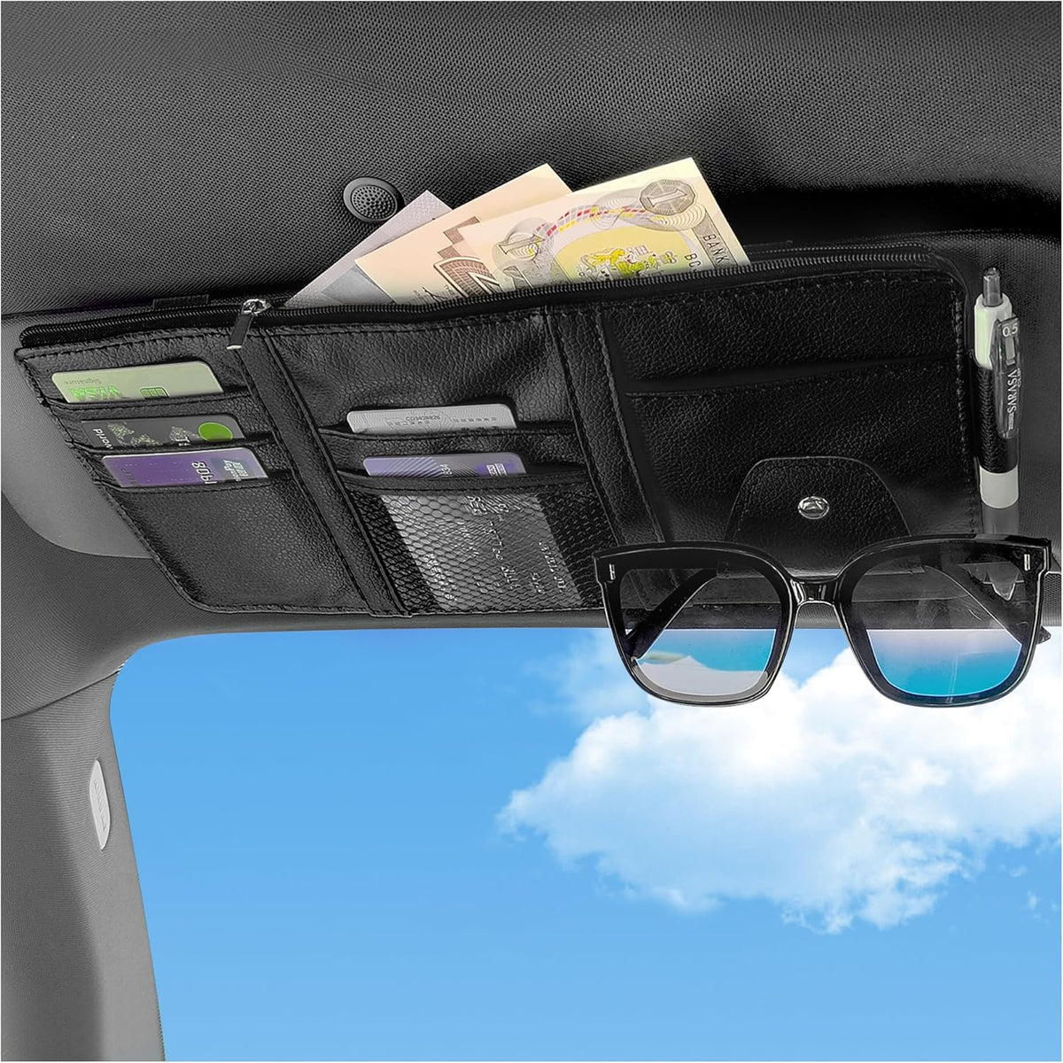 Car Visor Organizer with Sunglass Holder,Multi-Functional Car Sun Visor Organizer with Zipper for Cards,Money,Tickets,Leather Interior Accessories (Black)