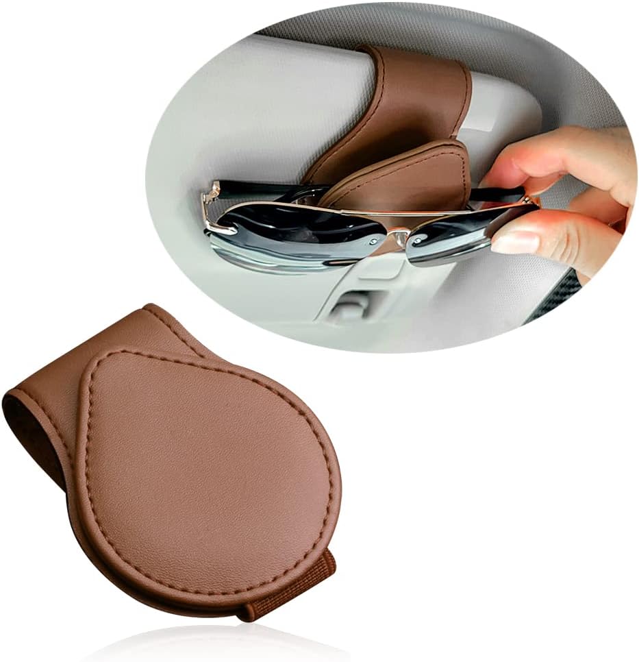 Magnetic Sunglass Holder for Visor, PU Leather Car Organizer - Universal Accessory (Brown)