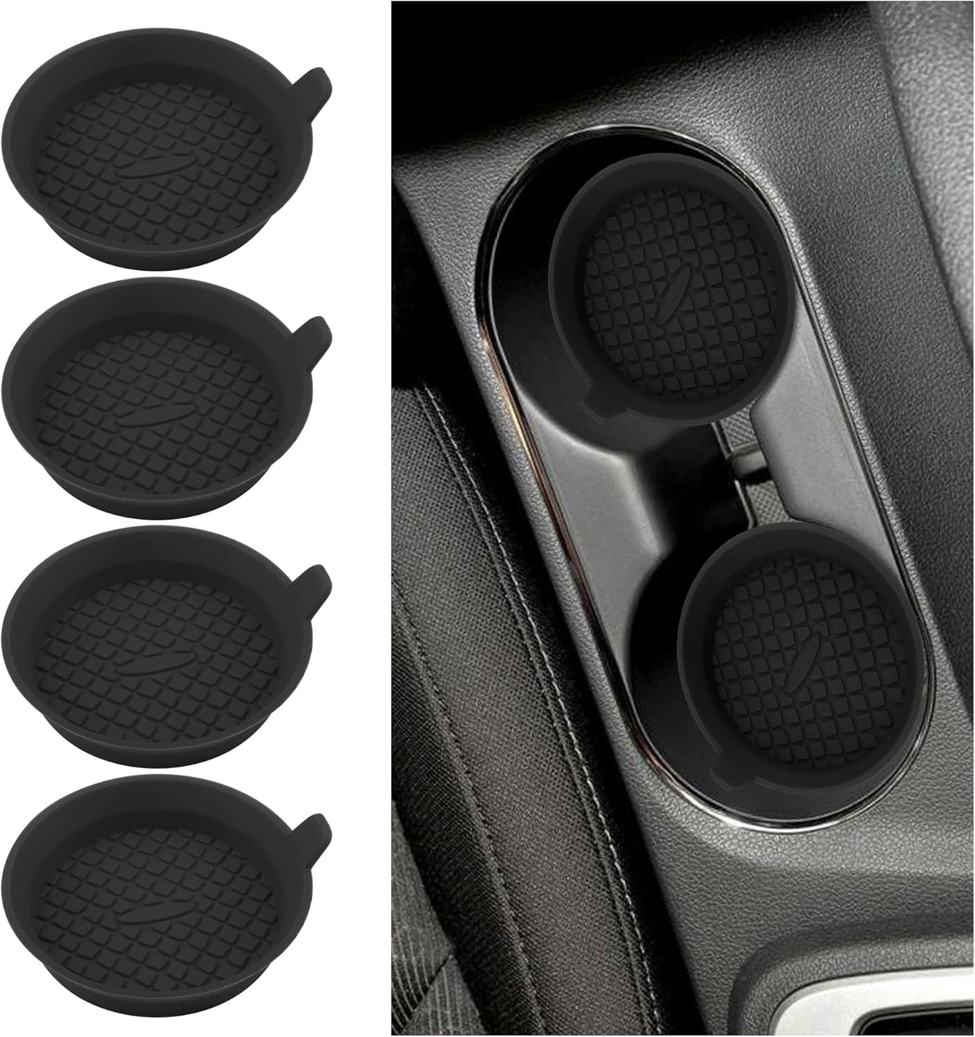 4PCS Silicone Car Coasters with Diamond Shape Design,Non-Slip & Heat Resistant Car Cup Holder Coaster,Universal Cup Holder Insert Car Interior Accessories for Women/Men (Black)
