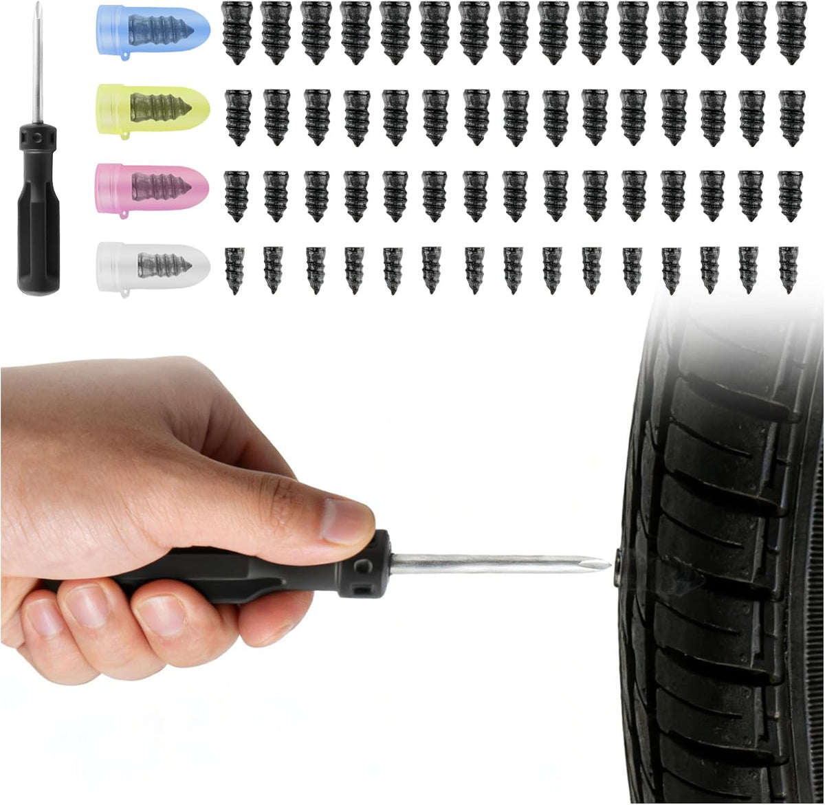 60PCS 4 Sizes Tire Repair Rubber Nail Kit,Quick Emergency Screw in Tire Plugs Kit for Tubeless Tyre,Self-Service Heavy Duty Flat Tires Repair Kits as Tires Repairs Tools
