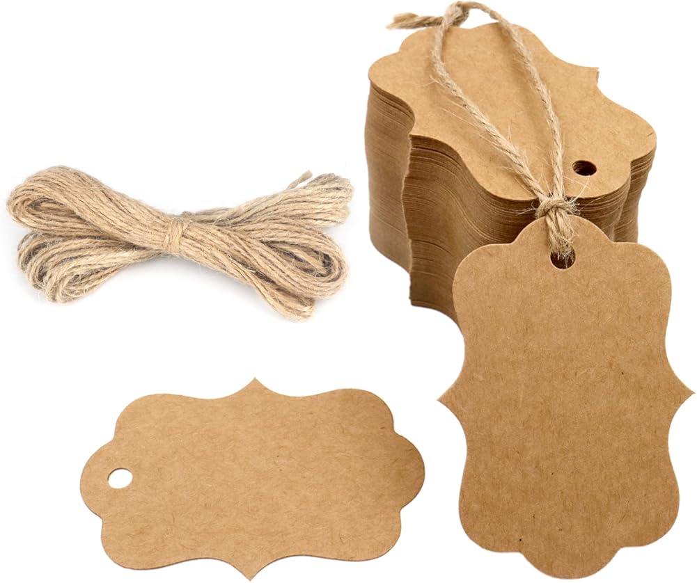 Blank Gift Tags with String, 100PCS Kraft Paper Hang Tags, 2.8x2 in Brown Hanging Price Tag, Wedding Favors Tag for Gift Wrapping, DIY Arts & Crafts, Christmas, Merchandise