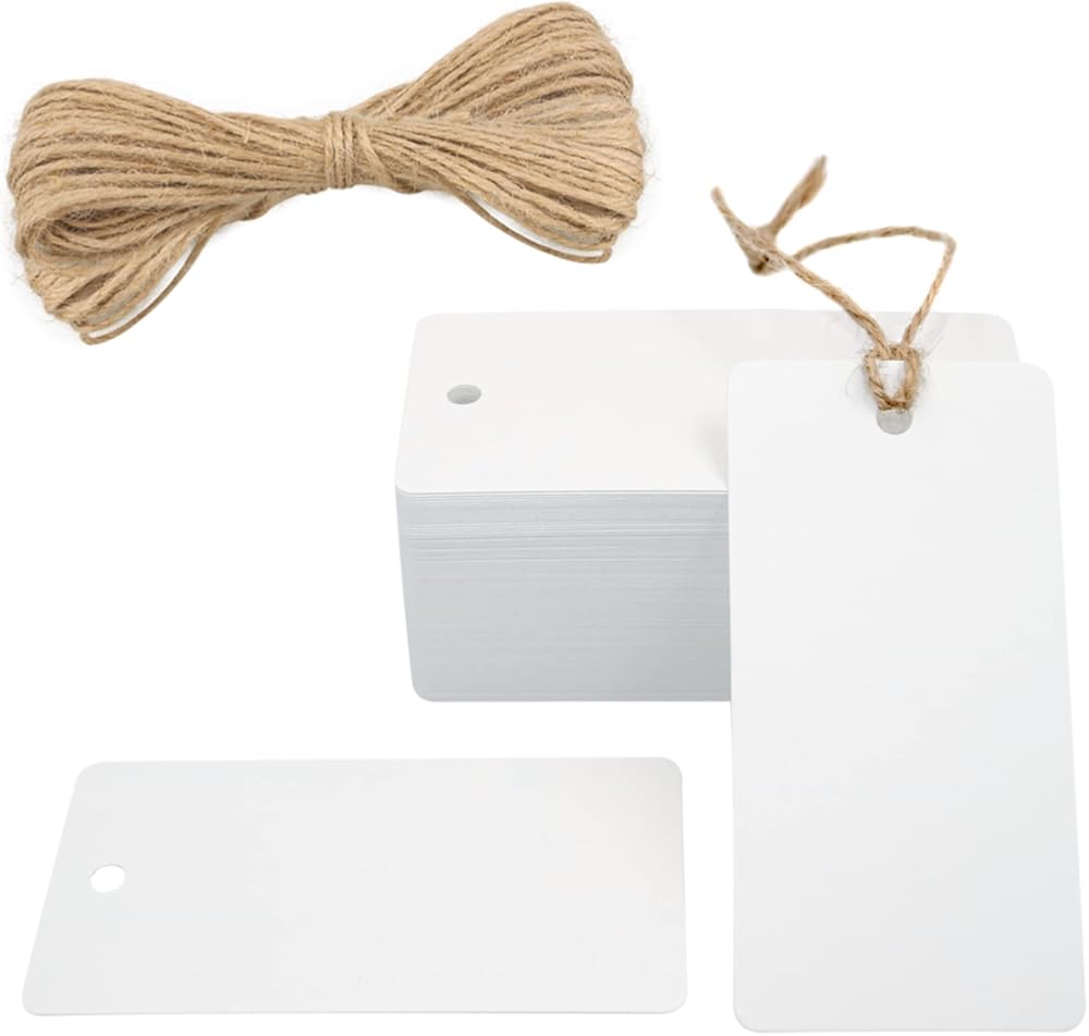 100PCS Blank Gift Tags,3.5” x 1.7” White Kraft Paper Gift Tag with String, Rectangle Hanging Tags for Arts and Crafts Wedding Holiday, Teachers Day,Christmas,Thanksgiving,Party Favors