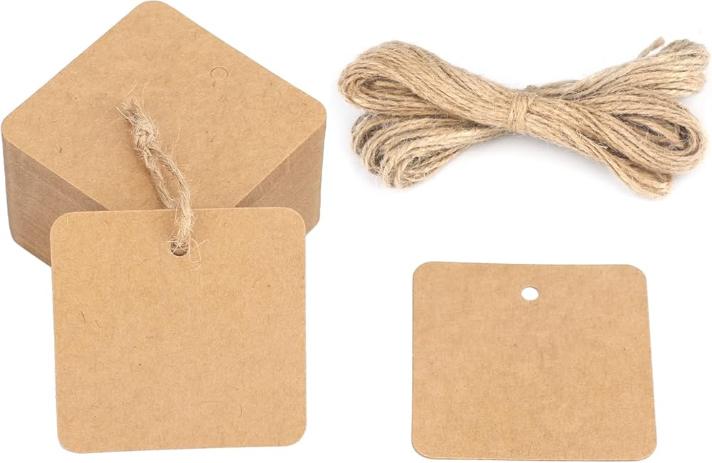 Kraft Paper Gift Tags with String, 100PCS Brown Square Tags, 2.2x2.2 inches Blank Hang Label Tag for Gift Wrapping, Pricing, DIY Arts and Crafts, Christmas, Wedding Party Favors