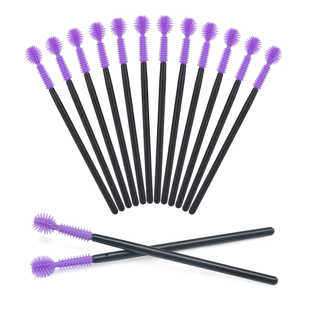 50PCS Silicone Eyelash Brushes, Purple Disposable Mascara Wands, Adjustable Ball- Shape Eyelash Spoolies, Eyebrow Brushes for Eyelash Extension and Makeup