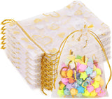 Valentines Gift Bags Organza 4x6in - 50Pcs Heart Organza Bags, Drawstring Sheer Mesh Jewelry Pouches Candy Bag for Wedding, Mother's Day, Party Favors (White Gold)