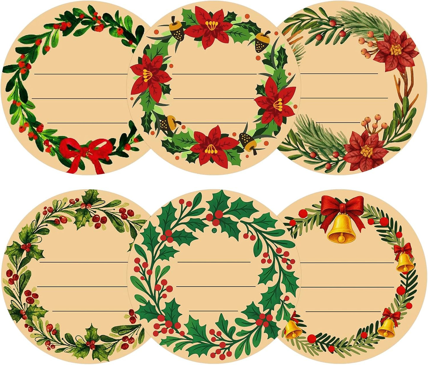 120Pcs Christmas Gift Stickers - 2 Inch Round Kraft Paper Christmas Holiday Wreath Labels Stickers for Gift Wrapping, Party Favors, DIY Crafts