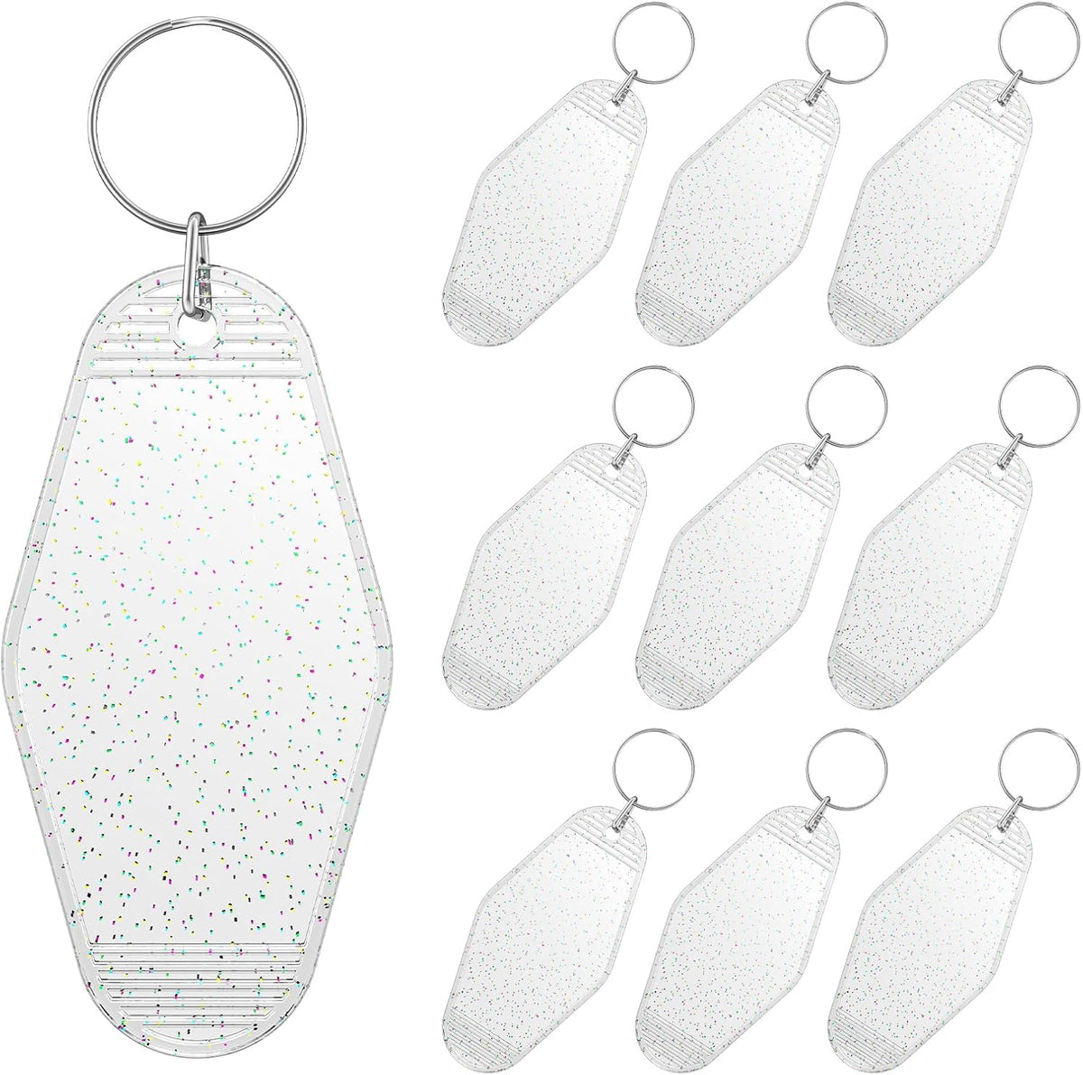 10 Pcs Modern Glitter Rhombus Keychain Tags, Clear Transparent Plastic Motel Keychains with Glitter & Key Rings, Customizable Luggage Tags & Room Labels