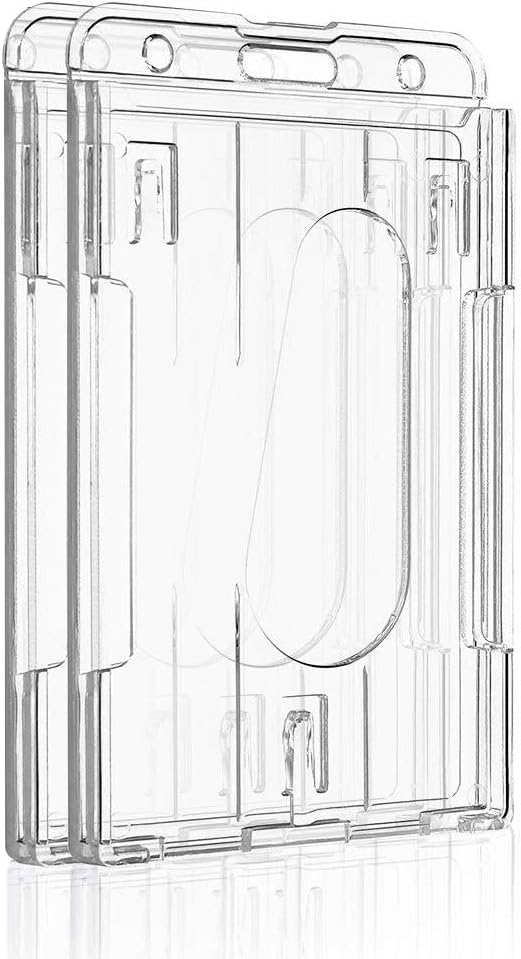 2 Pack Vertical 2-Card Badge Holder with Thumb Slot Hard Transparent PC Case Protector for Office School IDs Credit Cards Driver’s Licenses and Passes