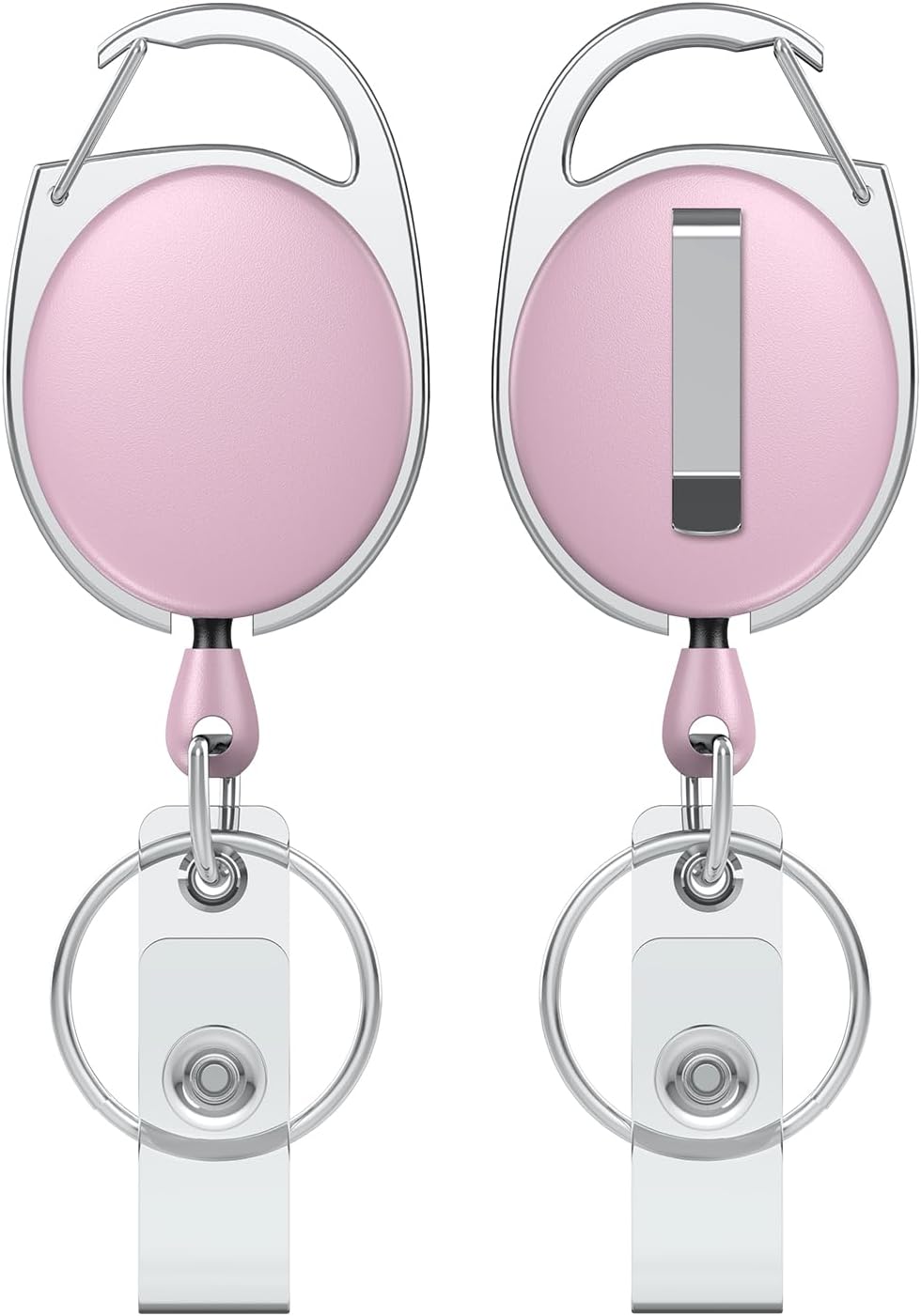 2 Pack Retractable Badge Reel for Badge Holder Pink Heavy Duty Retractable Keychain Strong ABS Casing with Stainless Steel Spring Coil 24 Inch Nylon Rope Carabiner Clip and Key Ring