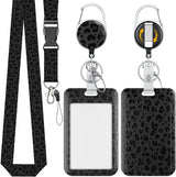 Fashionable Sliding Badge Holder Black Leopard Print Plastic Card Holder with Retractable Badge Reel Carabiner & Detachable Lanyard Vertical Card Protector for Office Worker Teacher Student