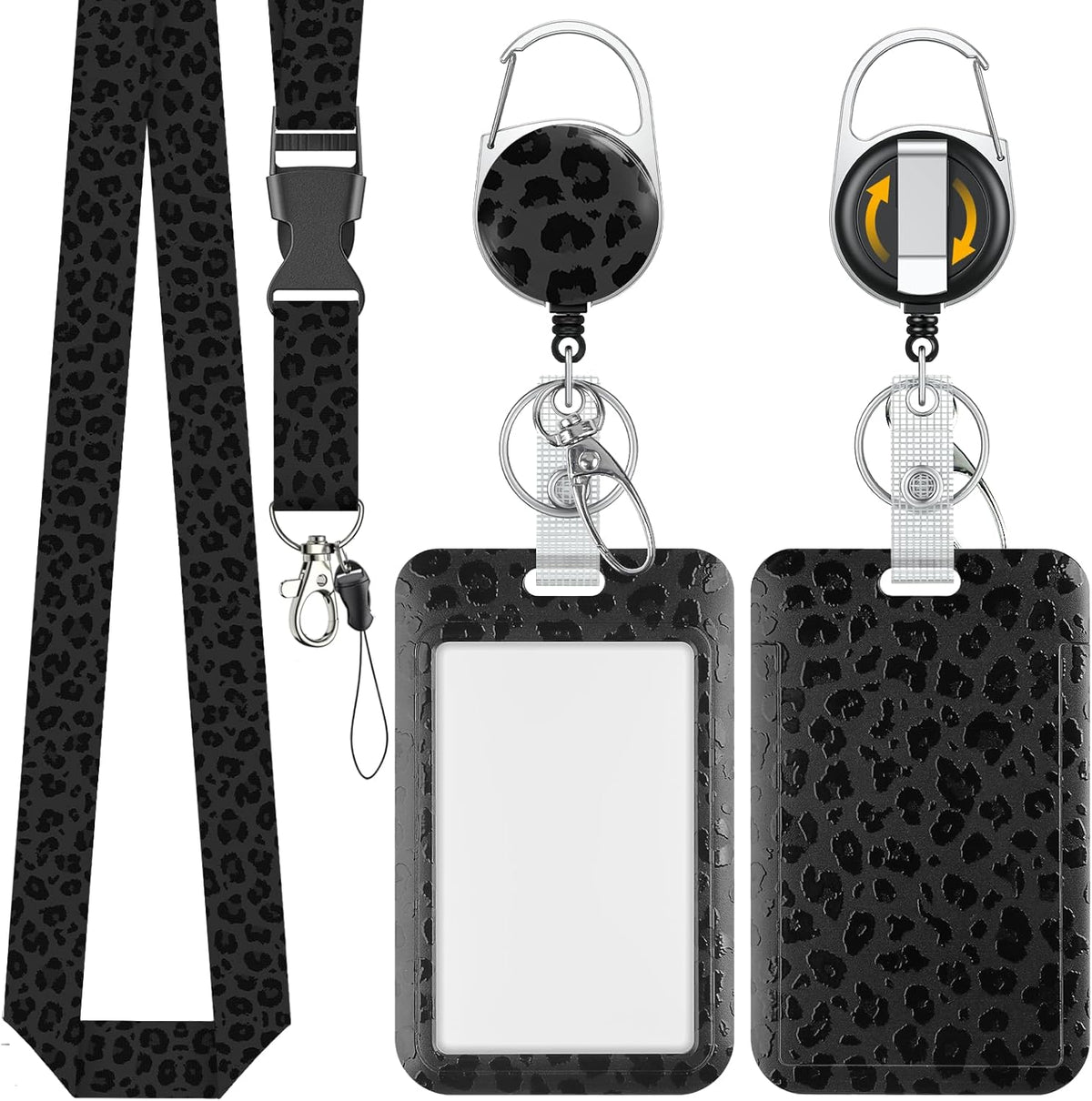 Fashionable Sliding Badge Holder Black Leopard Print Plastic Card Holder with Retractable Badge Reel Carabiner & Detachable Lanyard Vertical Card Protector for Office Worker Teacher Student