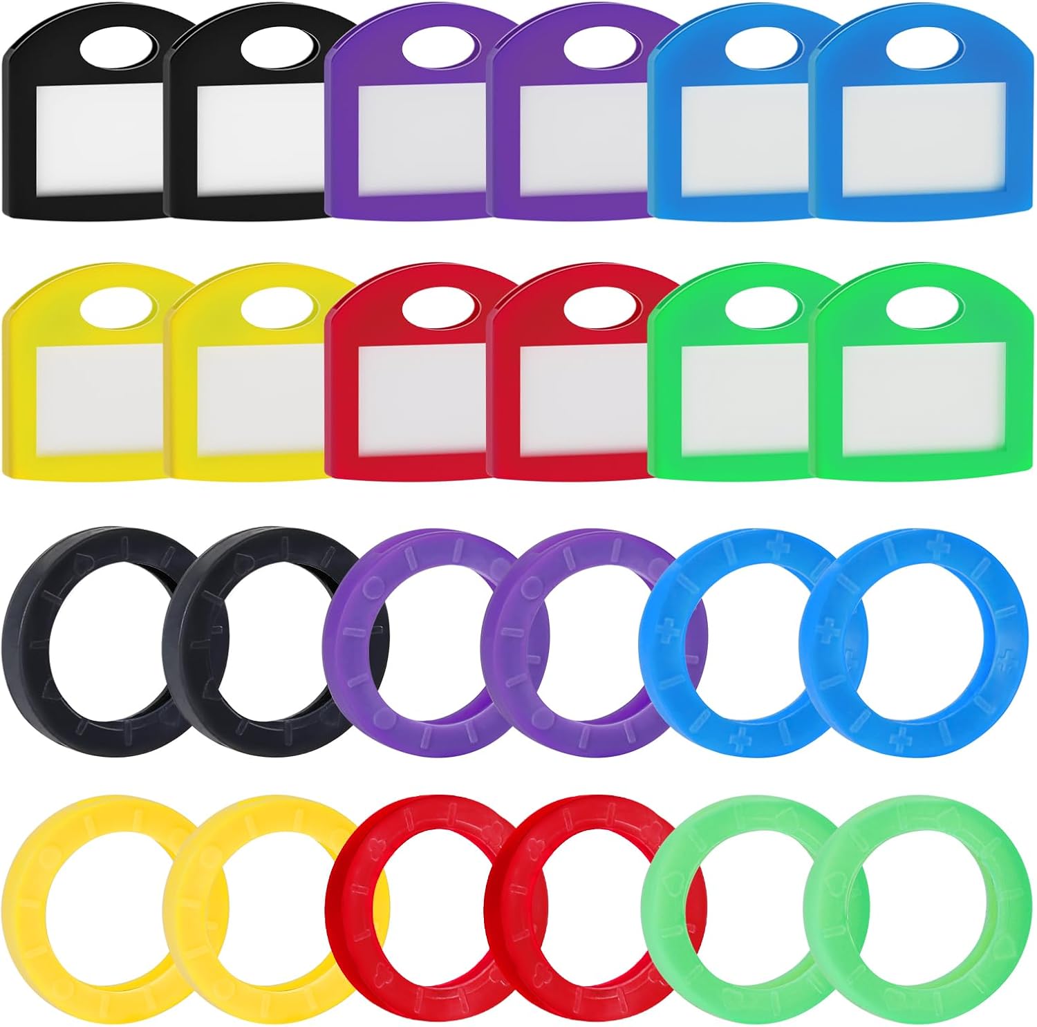 12 Pack Round Key Caps Covers and 12 Pack Key Cap Tags with Blank Paper Labels & Clear Windows Colorful Key Identifiers Protectors for Regular Flat House Keys (Not for Odd-Shaped Keys)